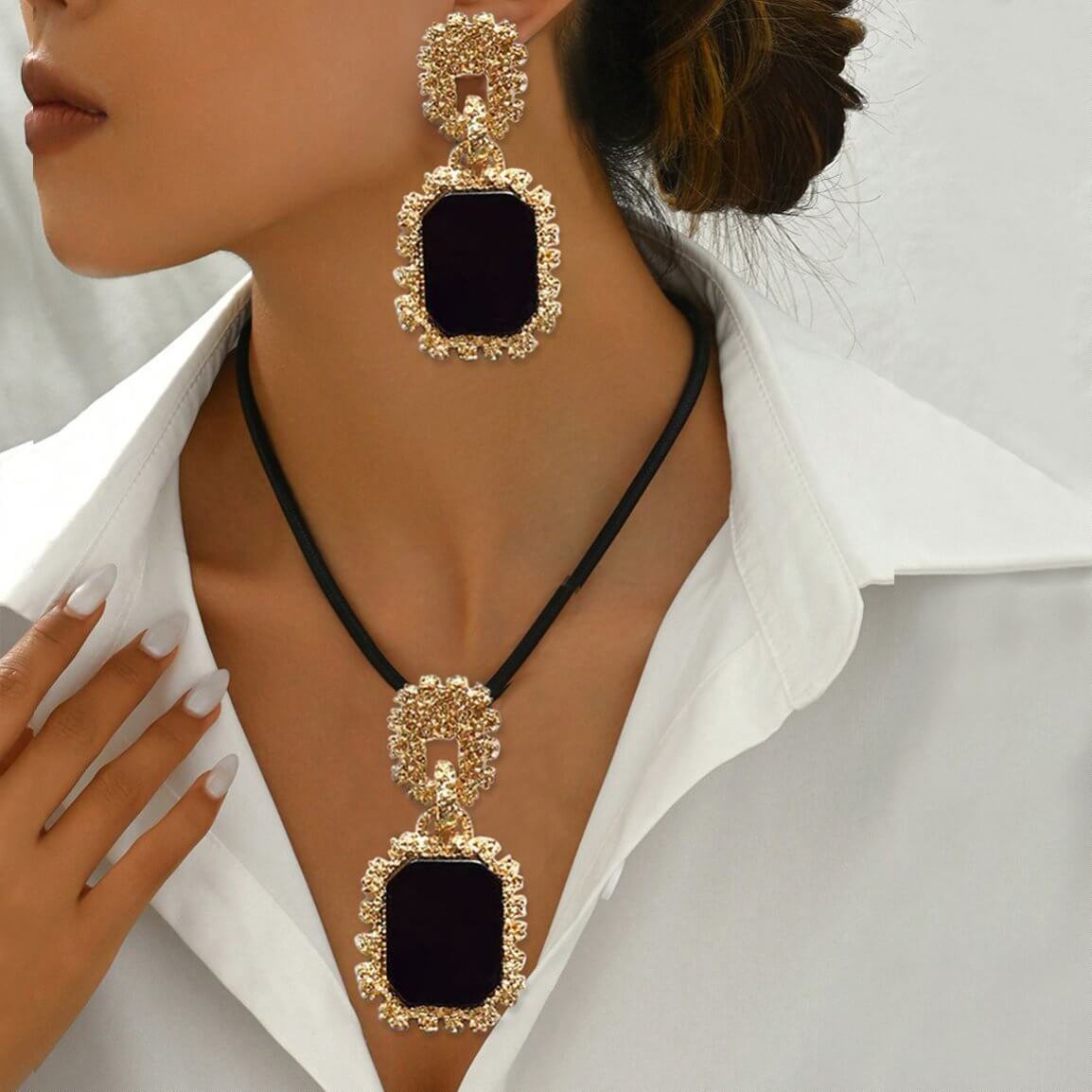 14K Gold Plated Black Onyx Jewelry Set | Gold Statement Jewelry Set