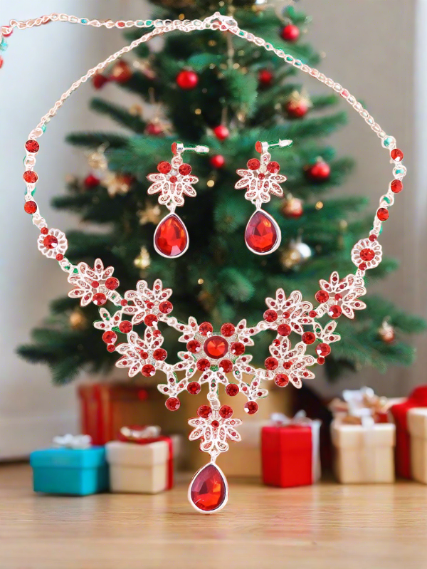 Red Rhinestone Necklace & Earrings