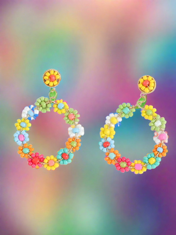 Color Beaded Flower Decor Drop Earrings