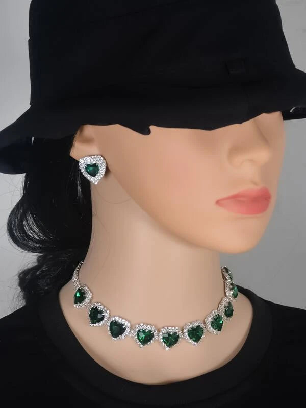 Rhinestone & Emerald Heart Necklace & Stud Earrings