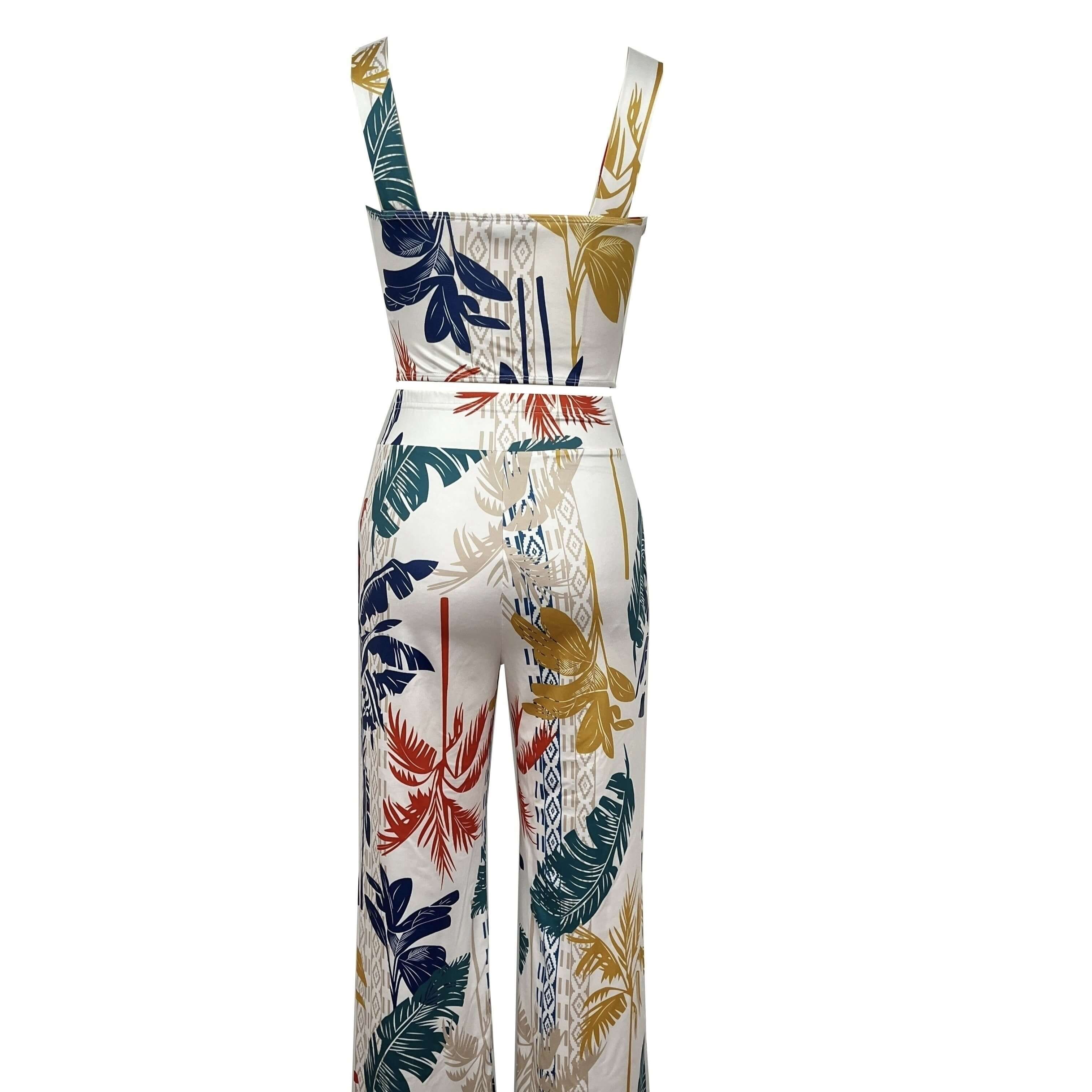 European Style Palm Print Set | Sleeveless Top And Pants Set