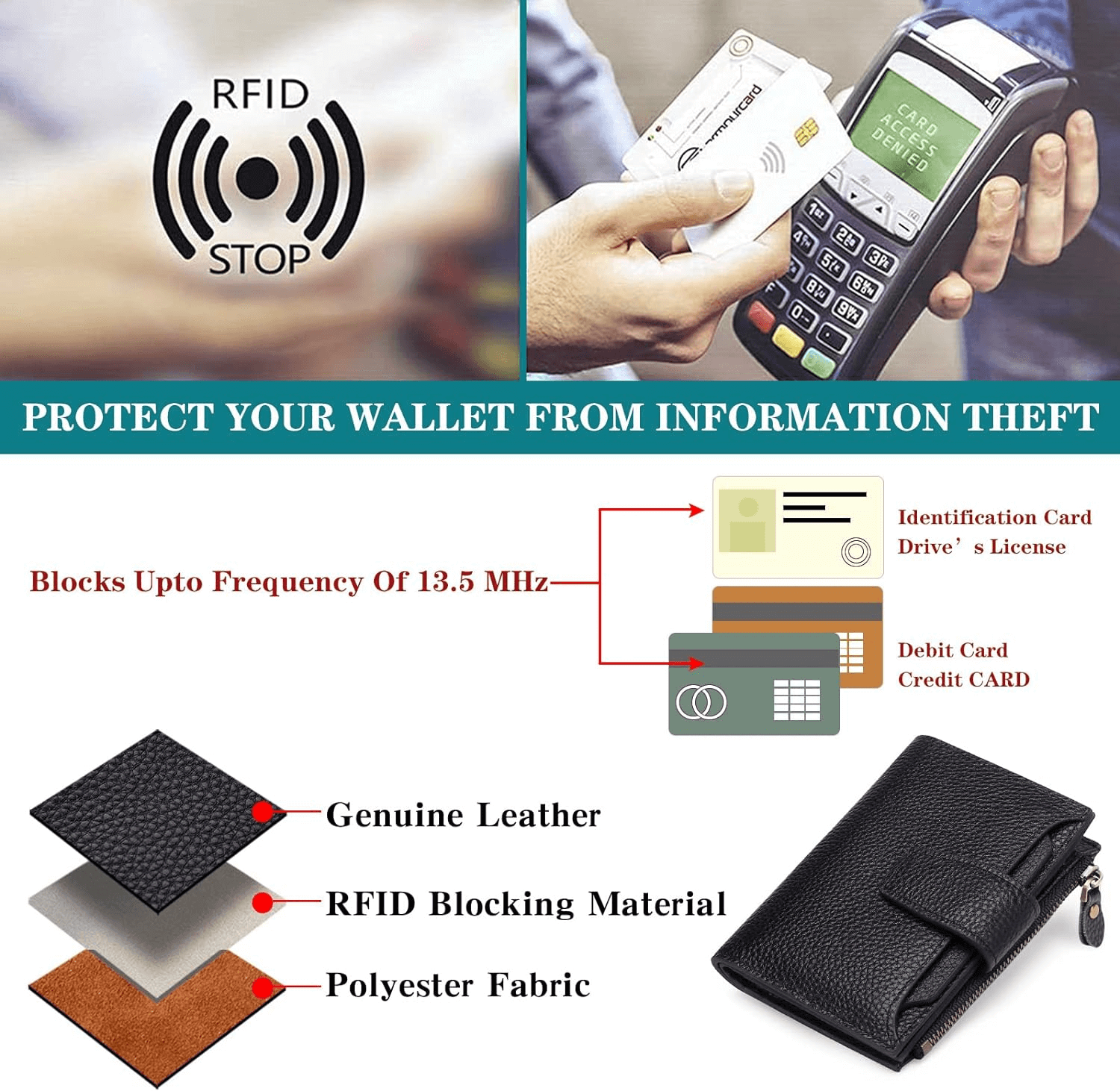 Genuine Leather RFID Wallet Women | Small Zip Around Leather Wallet