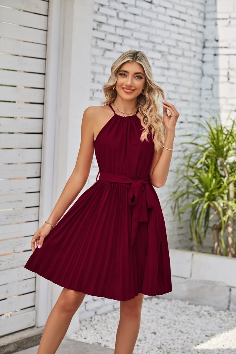 Halter Strapless Dress | Solid Pleated Skirt Halter Dress For Women