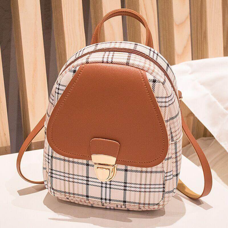 Ladies Check Pattern Small Backpack With Lock | Coin Purse Backpack