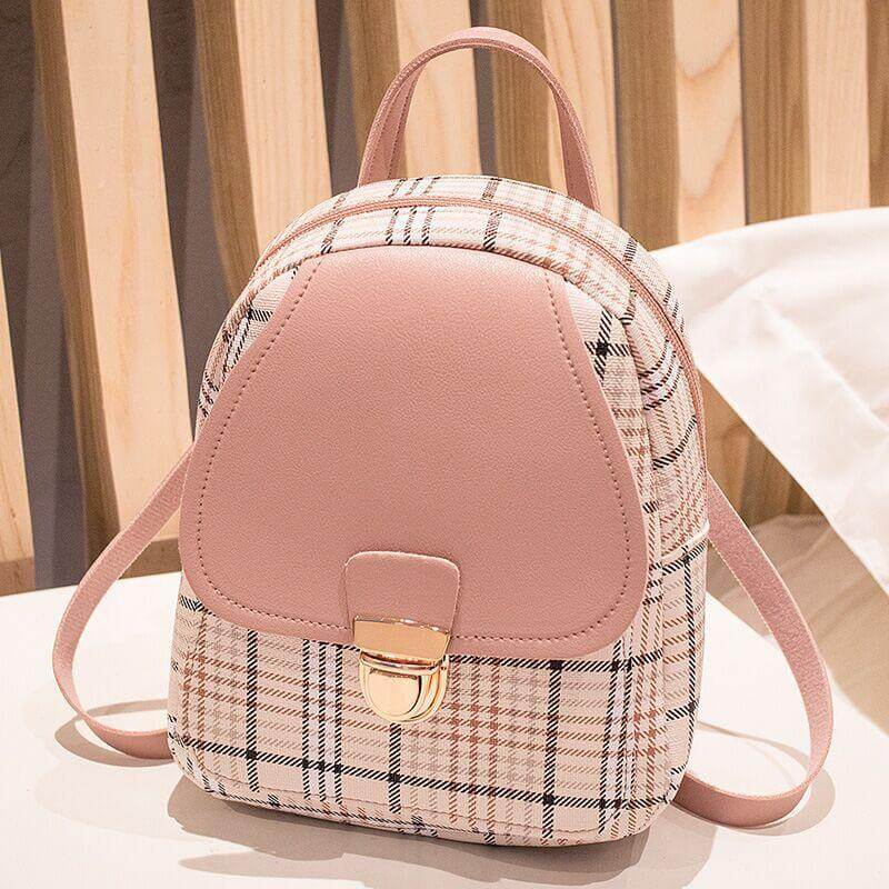Ladies Check Pattern Small Backpack With Lock | Coin Purse Backpack
