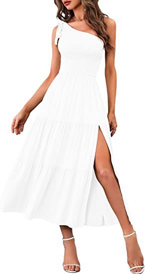 One Shoulder Long Dress with Slit Pleated A Line Summer Summer Dress