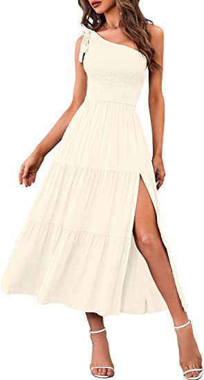 One Shoulder Long Dress with Slit Pleated A Line Summer Summer Dress
