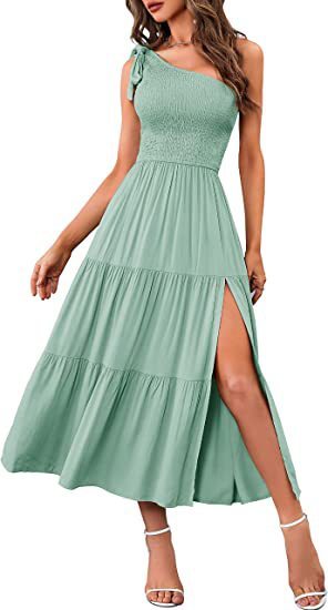 One Shoulder Long Dress with Slit Pleated A Line Summer Summer Dress