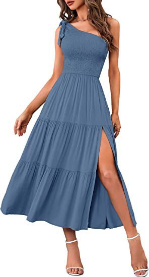 One Shoulder Long Dress with Slit Pleated A Line Summer Summer Dress