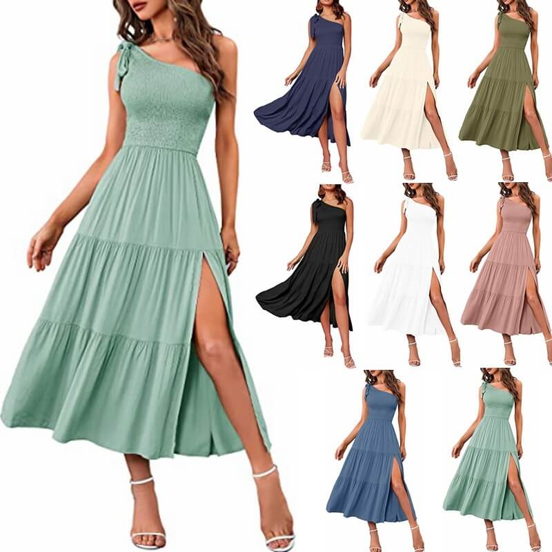 One Shoulder Long Dress with Slit Pleated A Line Summer Summer Dress