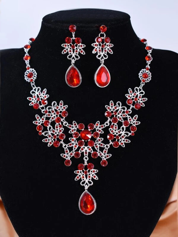 Red Rhinestone Necklace & Earrings