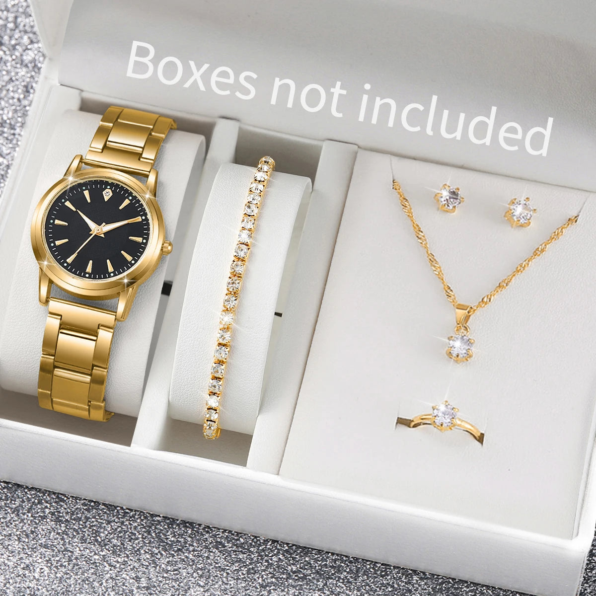 6PCS/Set Women Watches Fashion Gold Plated Band Ladies Quartz Watch Rhinestone Jewelry Set Reloj Mujer(Without Box)