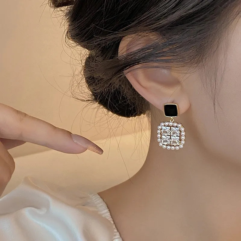 925 Silver Needle Korean Fashion Square Pearl Drop Earrings For Women Jewelry 2024 Trending New Women's Vintage Zircon Earrings