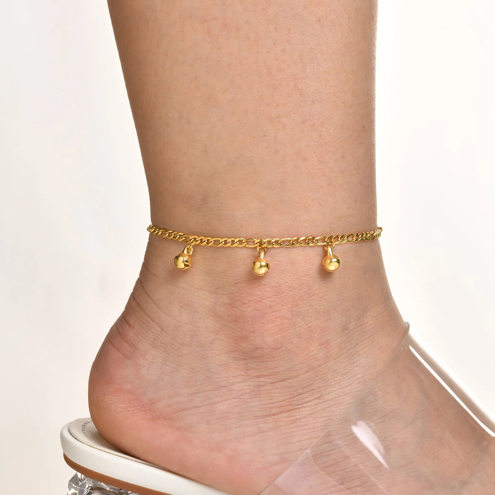 Vnox Cute Girls Anklets, Gold Plated Bell Charm Bracelets, Adjustable Figaro Ankle Chain, Girls Boys Gift Bracelet on Leg