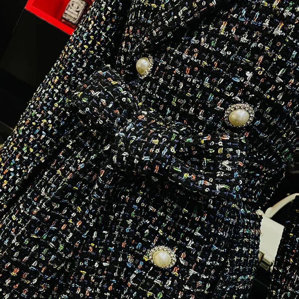 Fashion Long Black Jackets for Women 2025 New Autumn Winter Luxury Tweed Coat Trend Slim Ladies Vintage Temperament Outerwears
