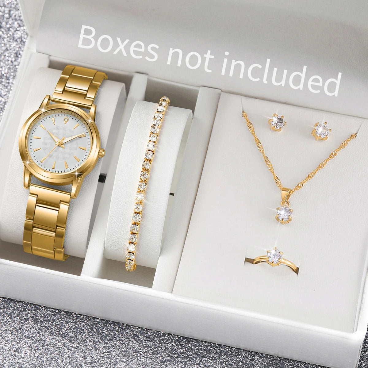 6PCS/Set Women Watches Fashion Gold Plated Band Ladies Quartz Watch Rhinestone Jewelry Set Reloj Mujer(Without Box)