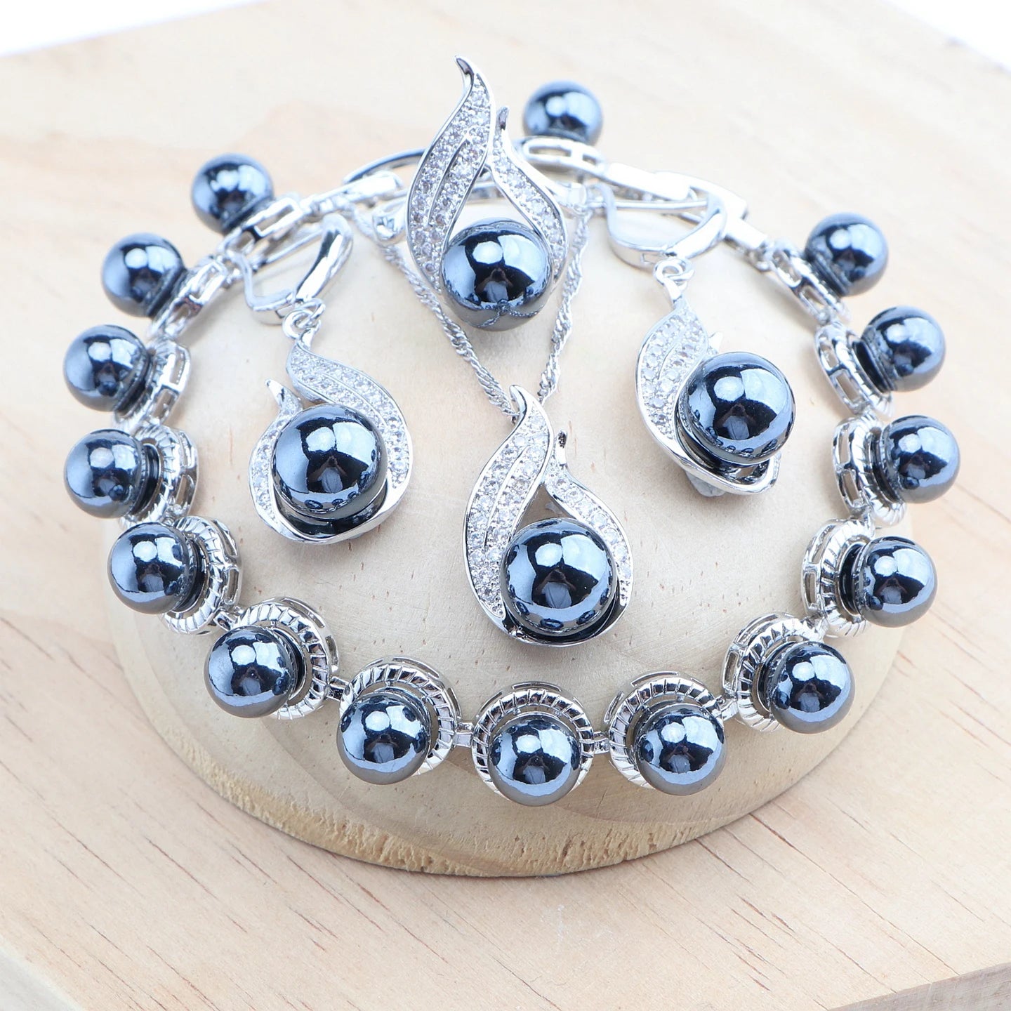 925 Silver Black Pearl Jewelry Sets Bridal White Zircon Wedding Rings Earrings Pendant Necklace Bracelets Set