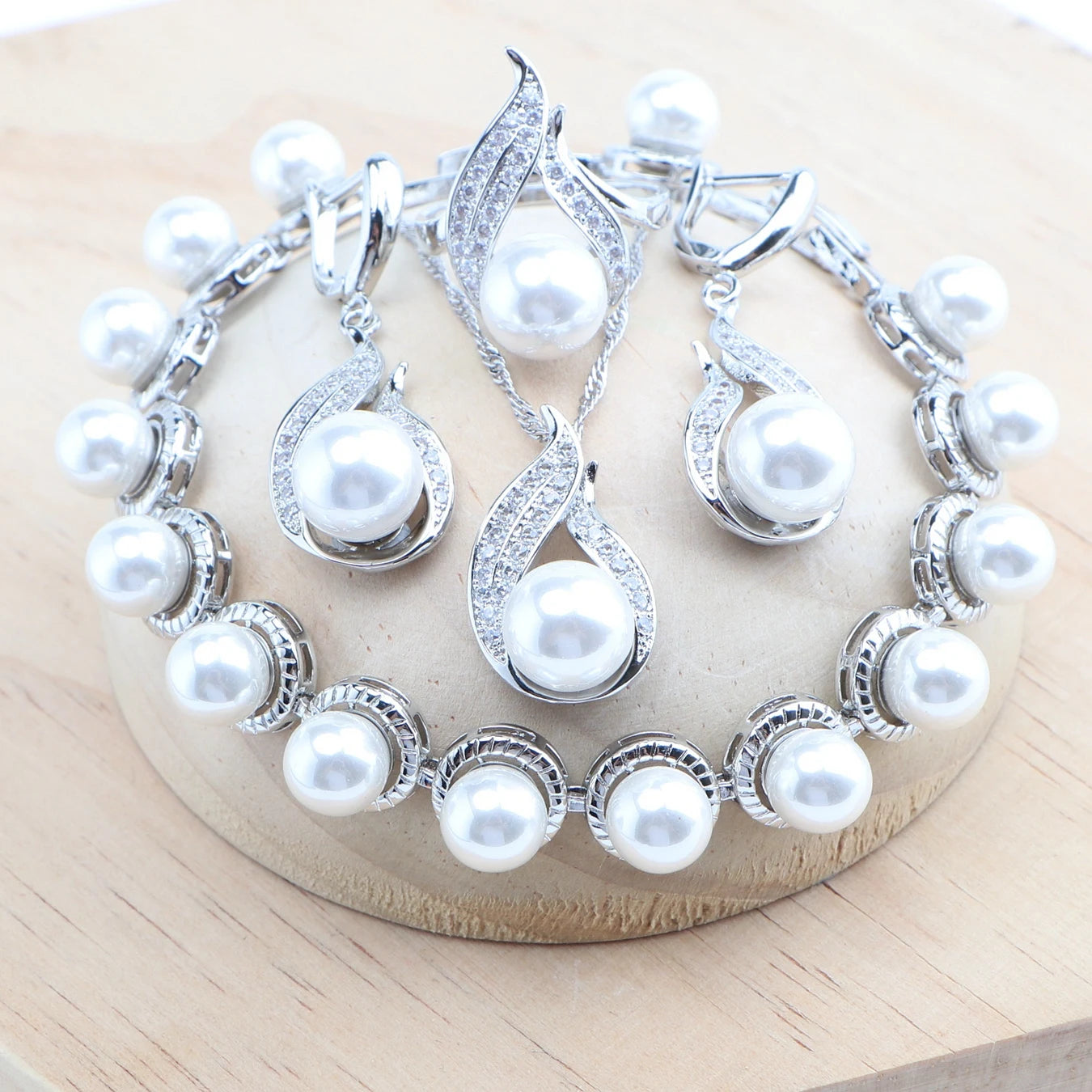 925 Silver Black Pearl Jewelry Sets Bridal White Zircon Wedding Rings Earrings Pendant Necklace Bracelets Set