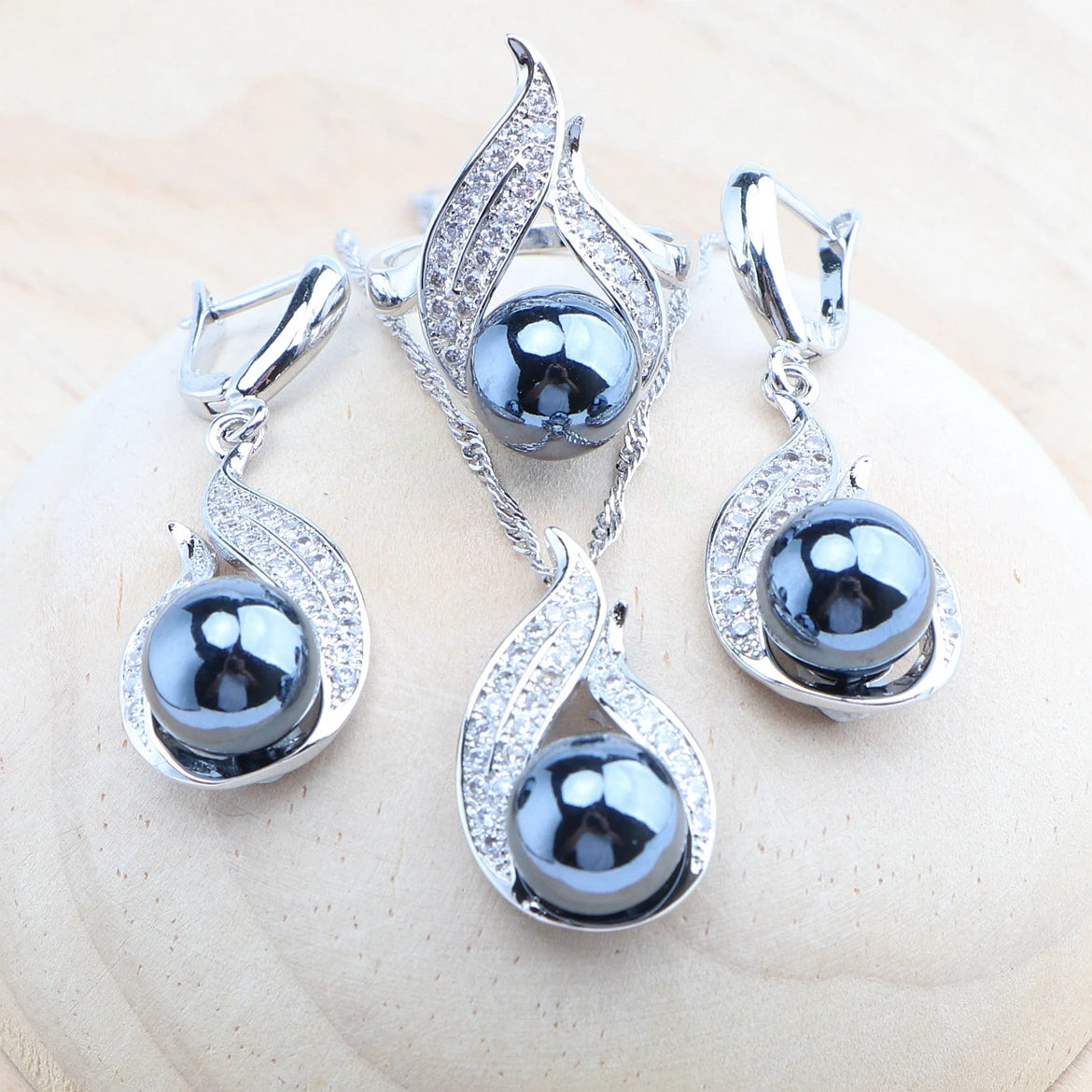 925 Silver Black Pearl Jewelry Sets Bridal White Zircon Wedding Rings Earrings Pendant Necklace Bracelets Set