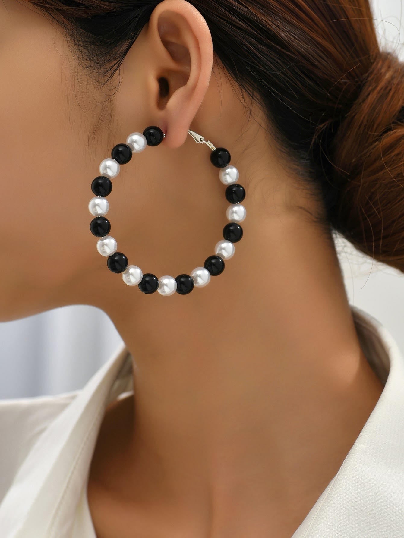 Two Toned Black & White Bead Hoop Earrings