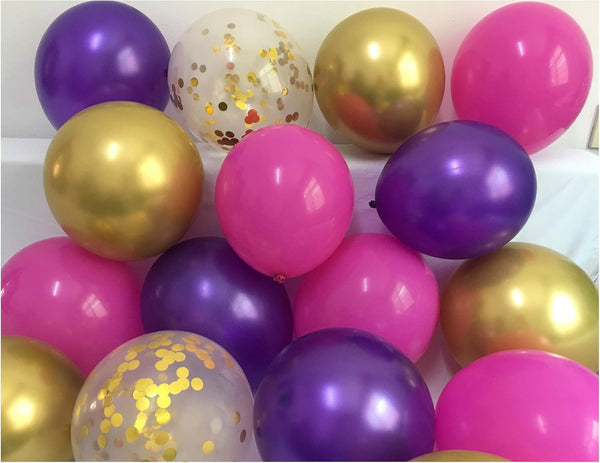 Latex Balloons Purple Fuchsia Gold - Chrome Gold Pink Confetti Balloons for Bachelorette Baby Shower Girl Birthday Graduation Anniversary Party Supplies 12Inch 50Packs