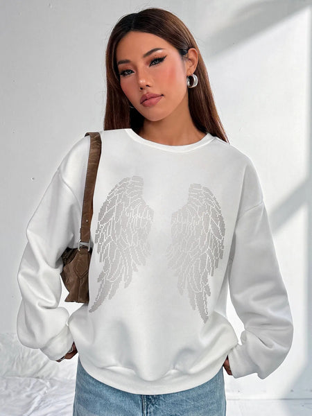 Women Basic Casual Pullover Spring Autumn Long Sleeve White Wing Printed Round Neck