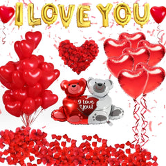 Heart Balloons Kit and I Love You Balloons with 1000 Pcs Dark-Red Silk Rose Petals Wedding Flower Decoration Love-Bear Red Heart Balloons for Valentine Day Party Decorations