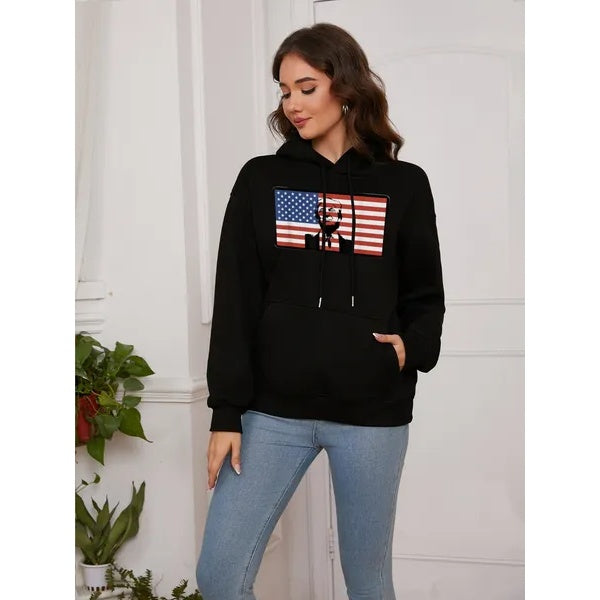 Women Basic Sweatshirt Casual Hooded Sweatshirt Autumn Winter Padded Long Sleeve Trump Black Portraits Printed Top Oversize