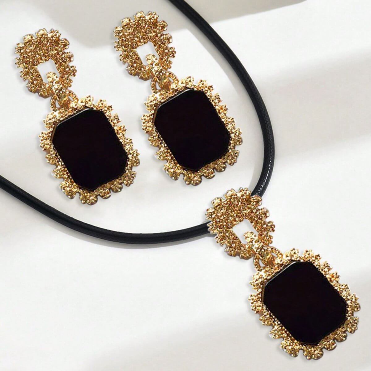 14K Gold Plated Black Onyx Jewelry Set | Gold Statement Jewelry Set