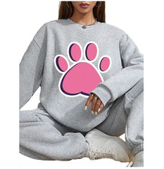 Women Basic Casual Pullover Spring Autumn Long Sleeve Paw Print Printed Round Neck