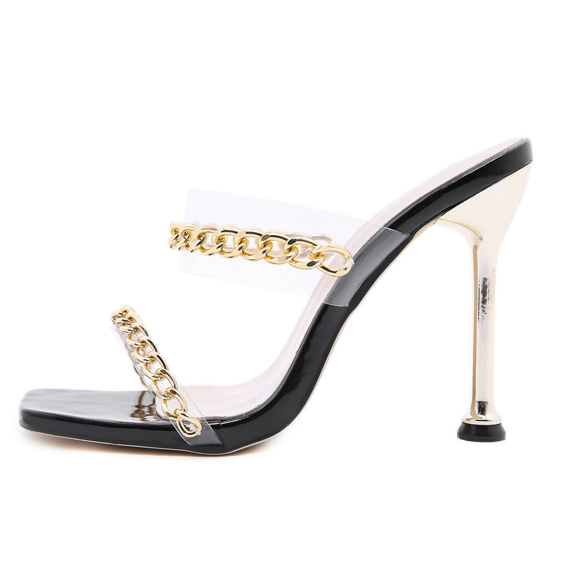 Stiletto Sandals And Slippers With Square Toe Golden Chain Roman High-Heeled Women's Shoes