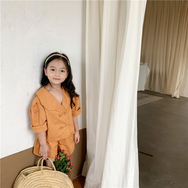 Korean Children's Clothing Girls Summer Double-breasted Mori Solid Color Shirt Wide-leg Five-point Pants Suit Middle And Small Children Two-piece