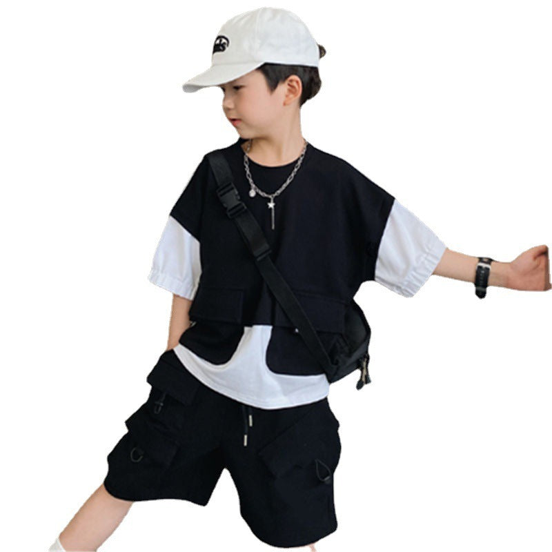 Male Baby Tooling Style Short-sleeved T-shirt Children Fake Two-piece Tops