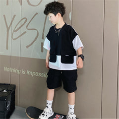 Male Baby Tooling Style Short-sleeved T-shirt Children Fake Two-piece Tops