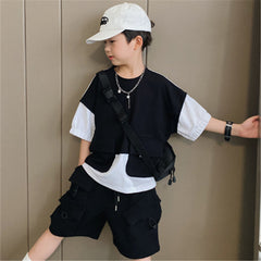 Male Baby Tooling Style Short-sleeved T-shirt Children Fake Two-piece Tops