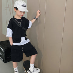 Male Baby Tooling Style Short-sleeved T-shirt Children Fake Two-piece Tops