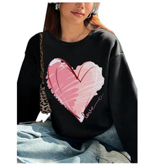 Women Basic Casual Pullover Spring Autumn Long Sleeve Heart Printed Round Neck