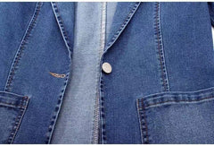 Denim Jacket Women's Slim Fit Suit Collar Solid Color Outerwear One Button Top