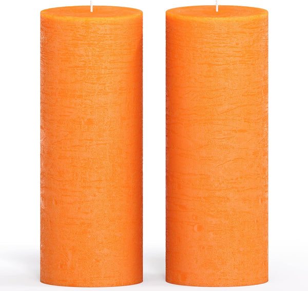 3X8 Inch Pillar Candle Set of 2 - Decorative Rustic Candles Unscented and No Drip Candles - Ideal as Wedding Candles or Large Candles for Home Interior - Orange Candles