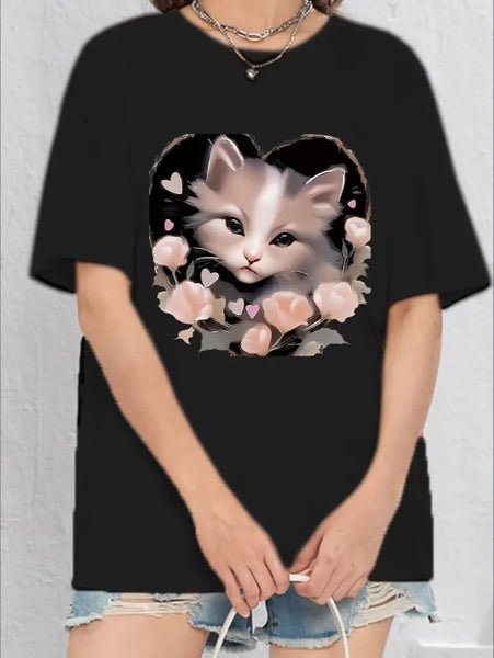 Cute Cat With Flowers Graphic Print Tee, Teenage Girls' Stylish & Comfy Crew Neck Short Sleeve T-shirt For Spring & Summer, Teenage Girls' Clothes For Everyday Life