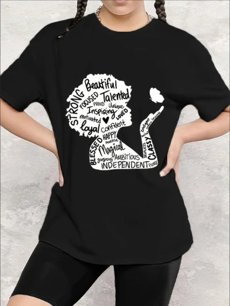 Graffiti Letter And Cartoon Girl Graphic Print, Girls' Casual Crew Neck Short Sleeve T-shirt, Comfy Top Clothes For Spring And Summer For Outdoor Activities