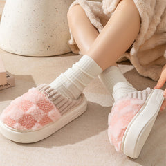 Plaid Plush Slippers Women's Indoor Plush Home Slippers Soft Sole Thick Non-Slip Warm House Shoes Couple Autumn And Winter