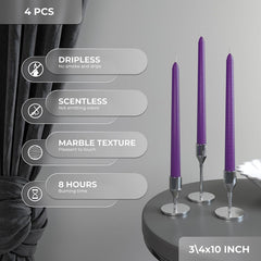 10 Inch Taper Candles Set of 4 - Dripless Taper Candles and Unscented Candlesticks - Perfect as Dinner Candles and Household Candles - Purple Candles