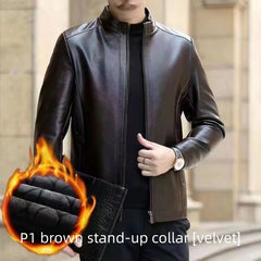 Leather Jacket For Middle-aged Men Leather Clothing With Stand Collar Men Fleece-lined