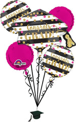 Anagram Gold Confetti Happy Graduation Bouquet 6Pc Foil Balloon Pack, Magenta Gold