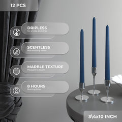 10 Inch Taper Candles Set of 12 - Dripless Taper Candles and Unscented Candlesticks - Perfect as Dinner Candles and Household Candles - Dark Blue Candles