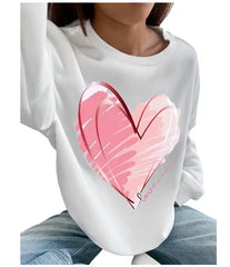 Women Basic Casual Pullover Spring Autumn Long Sleeve Heart Printed Round Neck