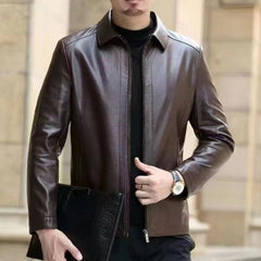 Leather Jacket For Middle-aged Men Leather Clothing With Stand Collar Men Fleece-lined