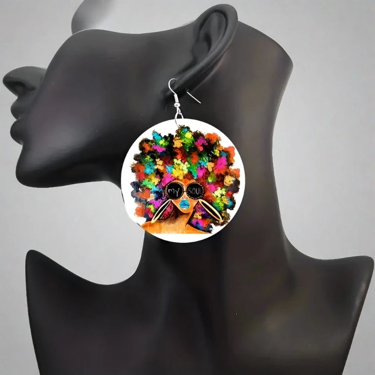 Round African Head Pattern Dangle Earrings