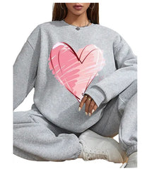 Women Basic Casual Pullover Spring Autumn Long Sleeve Heart Printed Round Neck